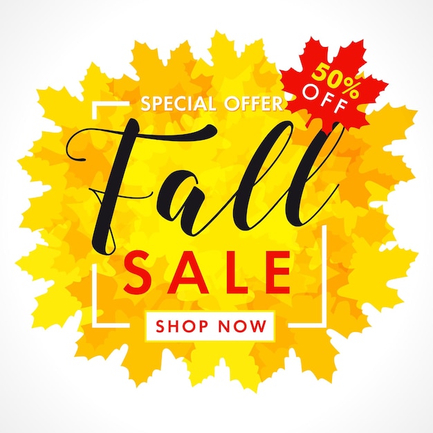Autumn sale creative golden leaf frame. Seasonal ad, shopping poster, up to 50 percent off icon.