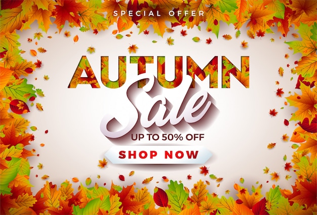 Autumn sale design with falling leaves and lettering on white background.