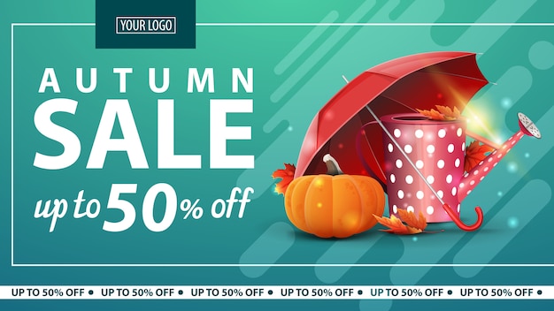 Autumn sale, discount horizontal web banner for online store with garden watering can