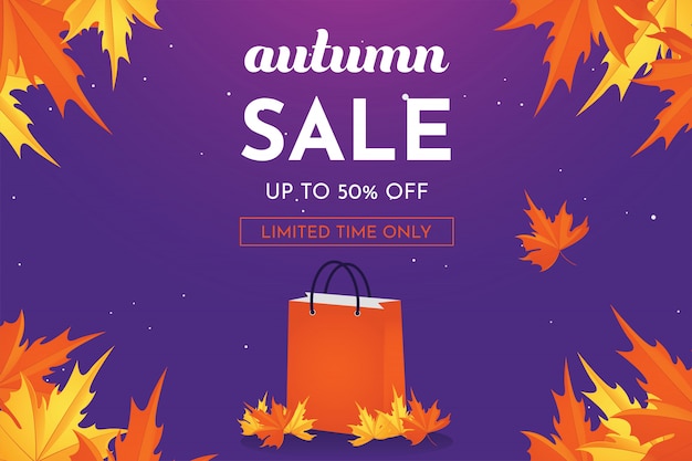 Lo sconto di vendita autunnale offre uno sconto fino al 50% con foglie di quercia, banner e sfondo.