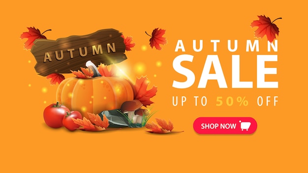 Vector autumn sale, discount orange web banner in minimalist style