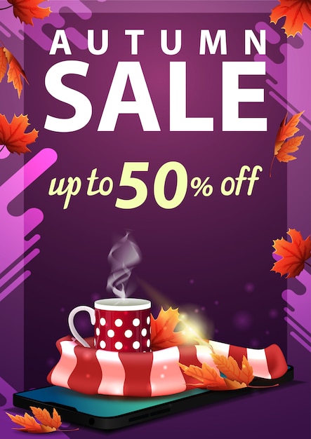 Autumn sale, discount vertical banner with smartphone, mug of hot tea and warm scarf