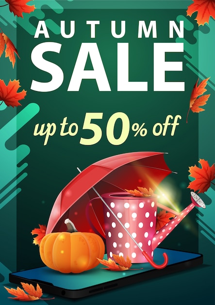 Vector autumn sale, discount vertical banner with smartphone