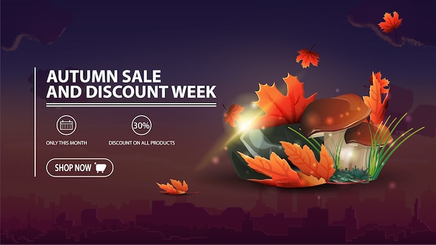 Autumn sale and discount week, discount banner with city, mushrooms and autumn leaves