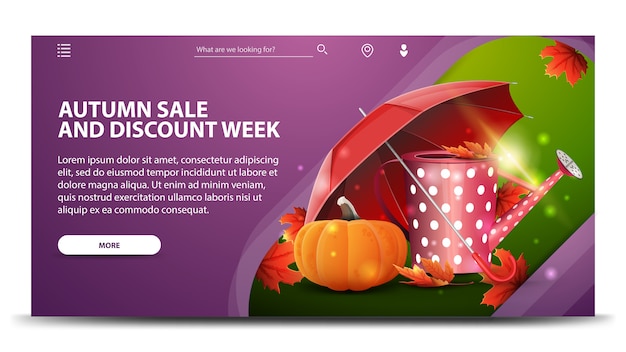 Settimana di vendita e sconto autunno, banner web viola moderno