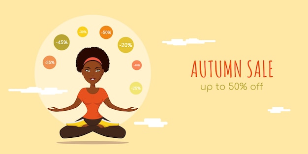 Insegna di concetto di stile piano di vendita di autunno. femmina carina in posa yoga carattere joggling con segni di sconto.