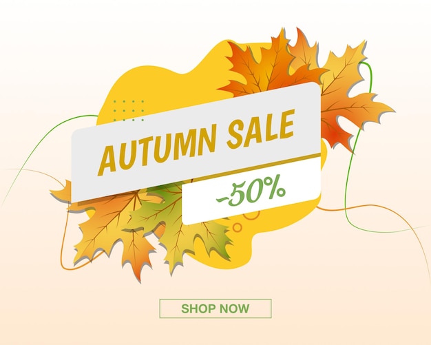 Autumn Sale gele banner met kleurrijke esdoornbladeren en tekst