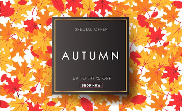 가을 판매 레이아웃은 판매 웹 배너 쇼핑 잎으로 장식합니다.