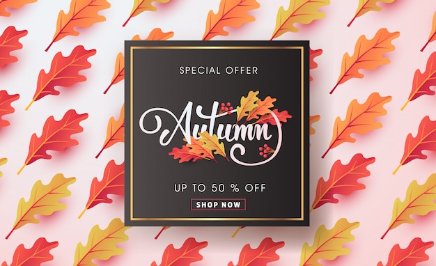 Autumn sale layout decorate with leaves for shopping sale web banner.