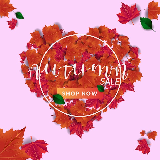 Autumn sale and leaves heart shape banner