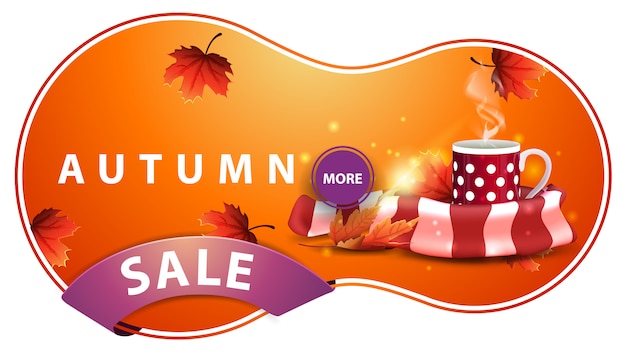 Vector autumn sale, modern orange discount banner with mug of hot tea and warm scarf