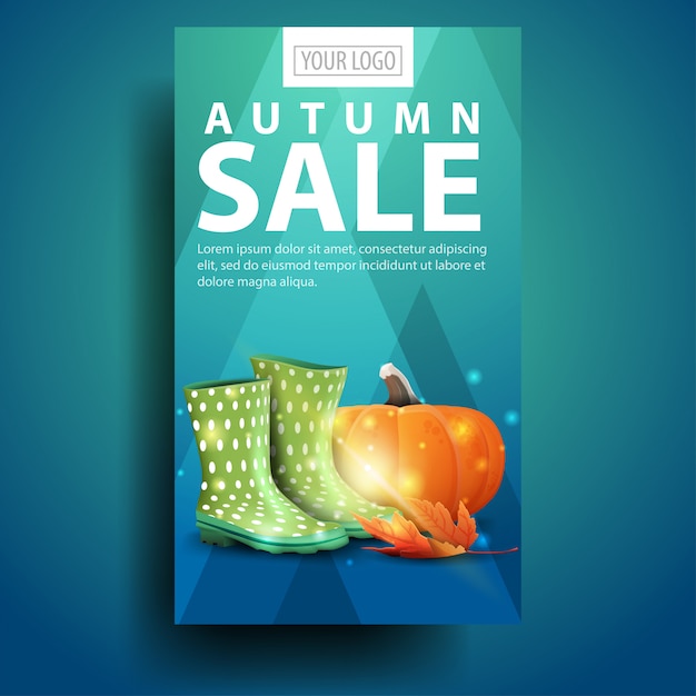 Vector autumn sale, modern, stylish vertical banner for your business with rubber boots and pumpkin