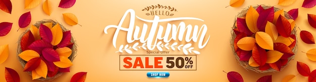 Autumn sale poster and banner template.top view of basket with autumn colorful leaves on yellow background.greetings and presents for autumn season.promotion template for autumn or fall concept