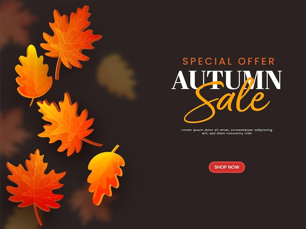 Autumn sale poster design with 3d autumnal leaves on brown background