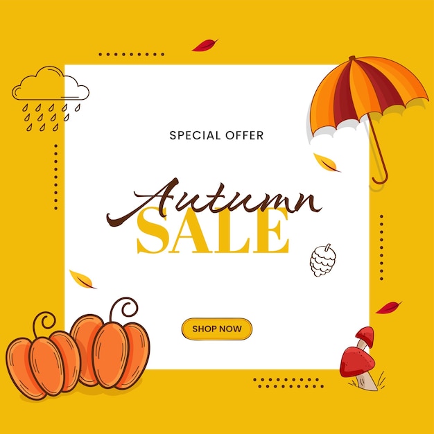 Autumn sale poster design with flat pumpkins toadstool umbrella on white and yellow background