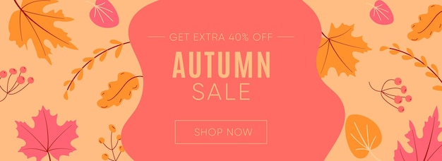 Autumn Sale poster of spandoek met kleurrijke herfstbladeren op roze achtergrond