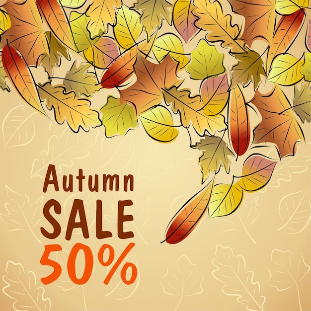 Autumn sale poster with hand drawn autumn leaves