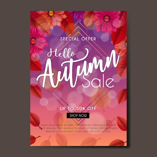 Vector autumn sale poster with leaves and flowers background