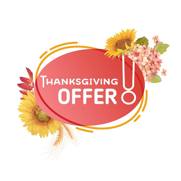 Distintivo promozionale di vendita autunnale, modello di banner offerta del ringraziamento, sconto promozionale isolato. bolla liquida con fiori solari, offerta stagionale autunnale, pubblicità astratta, illustrazione vettoriale