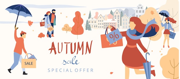 Autumn sale special offer Cityscape promo banner with people going shopping