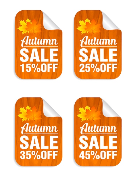 Autumn sale stickers set concept wood design Sale 15 25 35 45 off