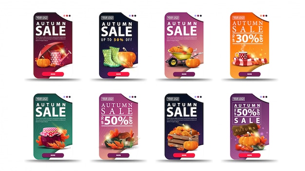 Autumn sale, up to 50% off, set vertical of discount banners with rounded corners, buttons and autumn elements