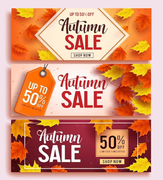 Vector autumn sale vector banner design set with colorful maple leaves elements in background and discount