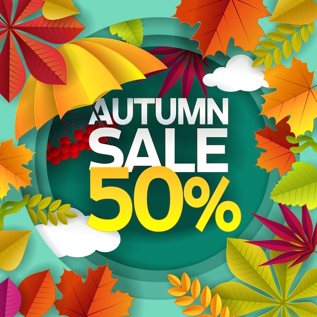 Autumn sale vector paper cut poster banner template