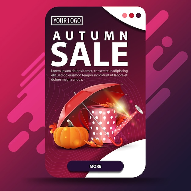 Autumn sale with garden watering can, umbrella and ripe pumpkin banner