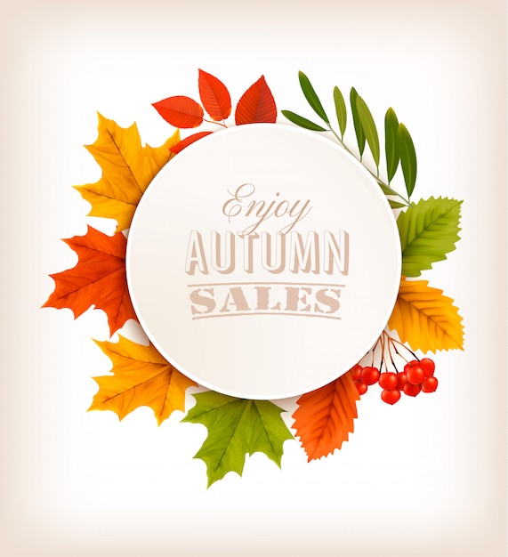 autumn sales banner with colorful leaves. 