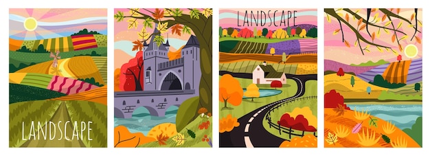 Autumn scenery poster set Colorful banners with fall leaves and orange foliage rustic house and fields with harvest Village and farm concept Cartoon flat vector isolated on white background