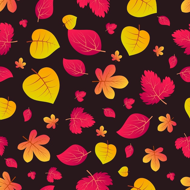 カラフルな葉と秋のシームレスな背景。秋のポスター、包装紙、休日の装飾のためのデザイン。ベクトルイラスト