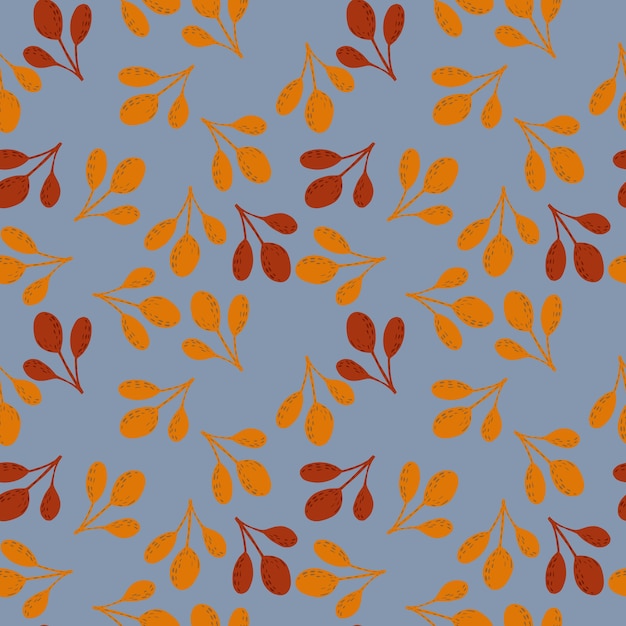 オレンジと栗色の秋の枝を持つ秋のシームレスな落書きパターン。青い背景のランダムな飾り。ストックイラスト。