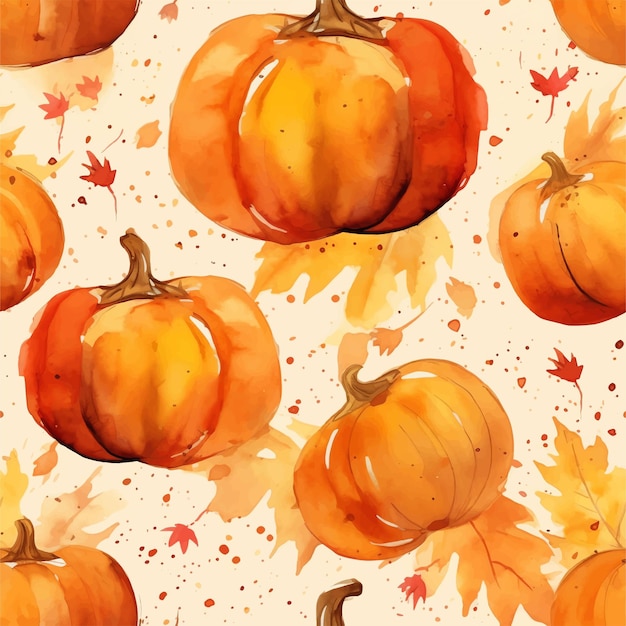 Vector autumn seamless harvest print with colorful pumpkins and leaves watercolor vector style for wallp