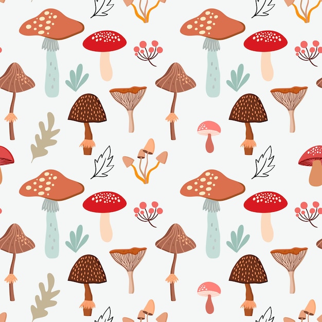 Autumn seamless pattern background wallpaper with seasonal design leaves mushrooms and plants