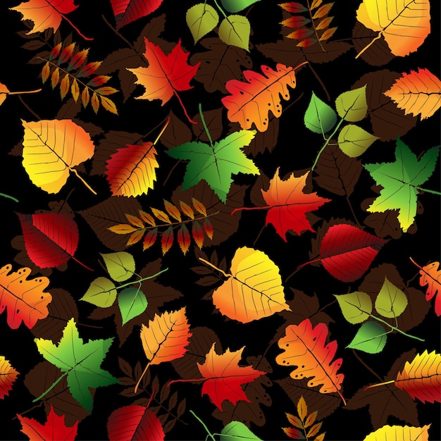 暗い背景に明るい葉の秋のシームレスなパターン。カラフルな落ち葉のベクトルカバー。スクラップブック、ギフト包装紙、テキスタイル。