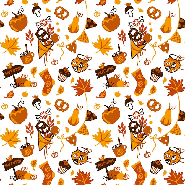 Vector autumn seamless pattern pumpkin candy october fall leaves autumn set vector