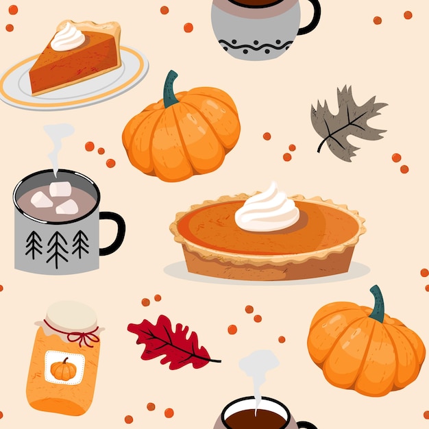 Autumn seamless pattern pumpkin pumpkin pie autumn leaves and berries cups of cocoa and coffee Vector