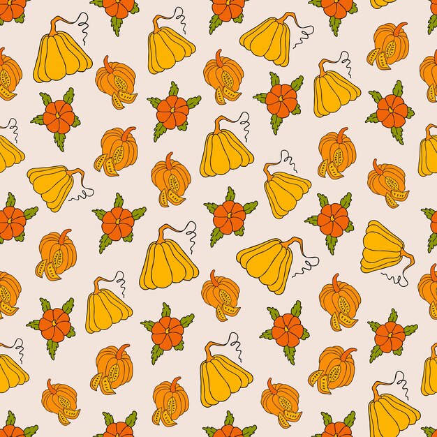 秋のシームレスなパターンの正方形の背景の手描きのカボチャ
