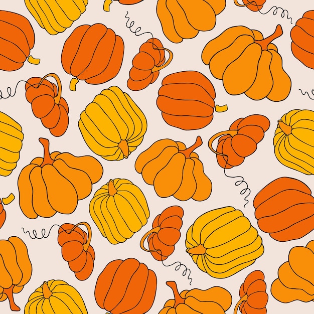 Vector autumn seamless pattern square background hand drawn pumpkins