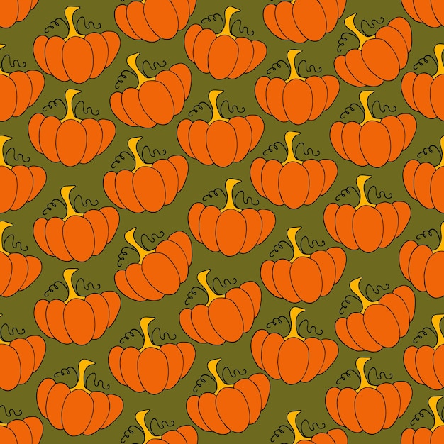 秋のシームレスなパターンの正方形の背景の手描きのカボチャ