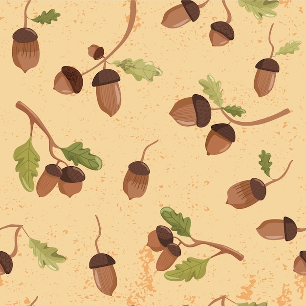 Autumn seamless pattern various acorns and oak leaves