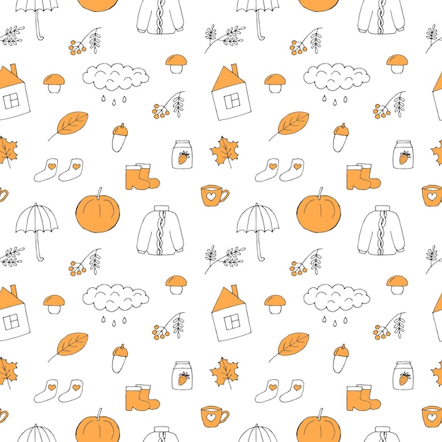 Autumn seamless pattern vector illustration hand drawing yellow and outline doodles