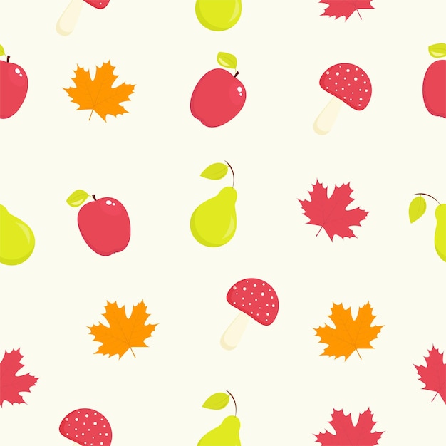 Осенний бесшовный узор с яблоком, грушей, грибами и листьями.