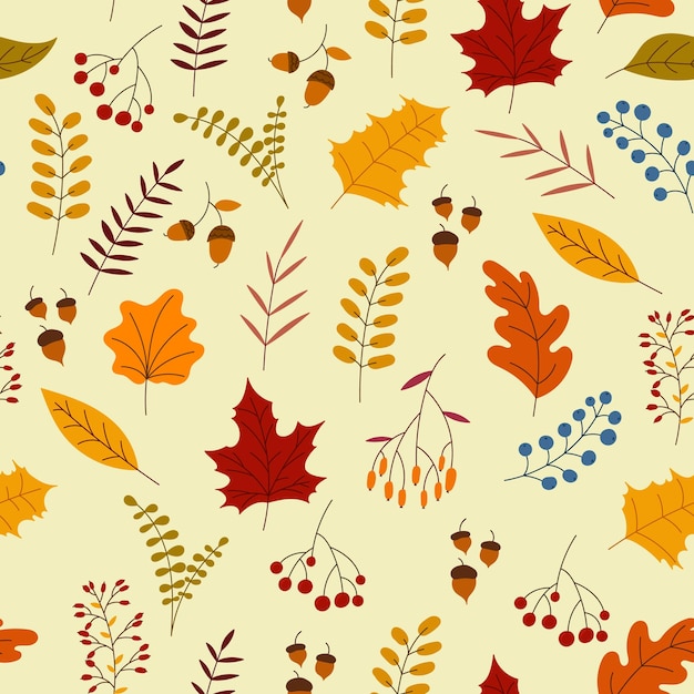 Autumn seamless pattern with berry plants leaves acorns Charming autumn pattern Seamless pattern on an autumn theme Hand drawn Vector illustration