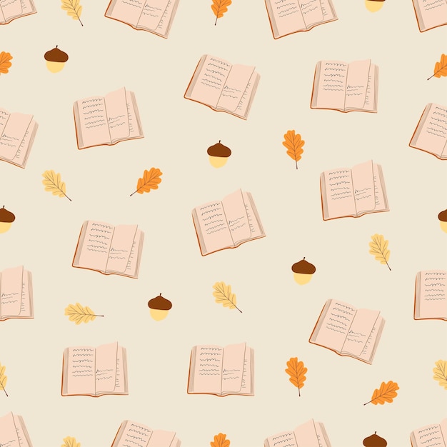 Vector autumn seamless pattern with book acorn and oak leaves