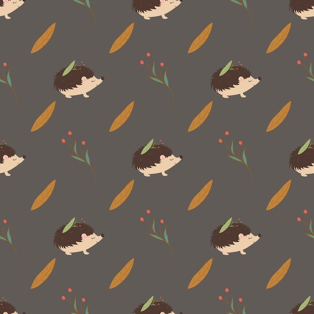 Autumn Seamless pattern with cute hedgehogs and leaves