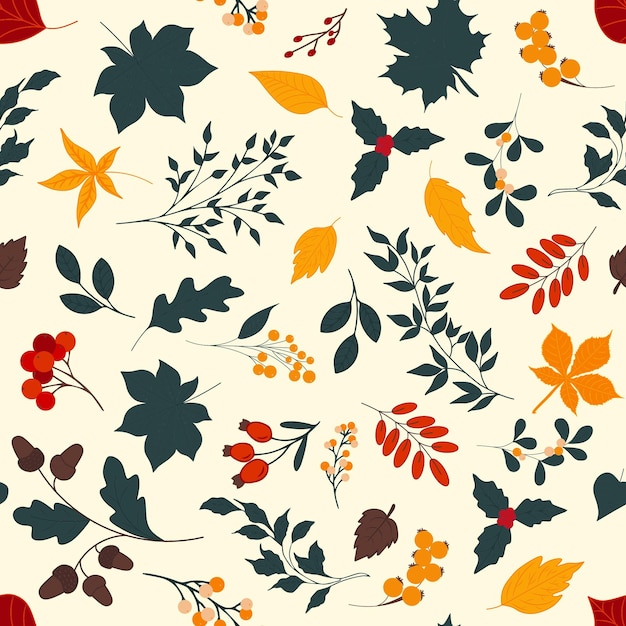 Autumn seamless pattern with different leaves and plants seasonal colors