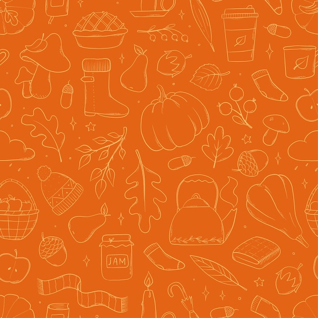 Autumn seamless pattern with doodles on orange background for wallpaper wrapping paper scrapbook