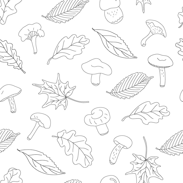 Autumn seamless pattern with forest edible mushrooms and leaves on white background Great for